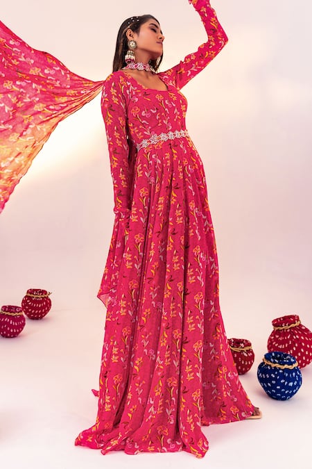 Shop_Silky Bindra_Pink Georgette, Net Embroidery, Mirrors Flower Vine Print Anarkali With Dupatta _Online_at_Aza_Fashions