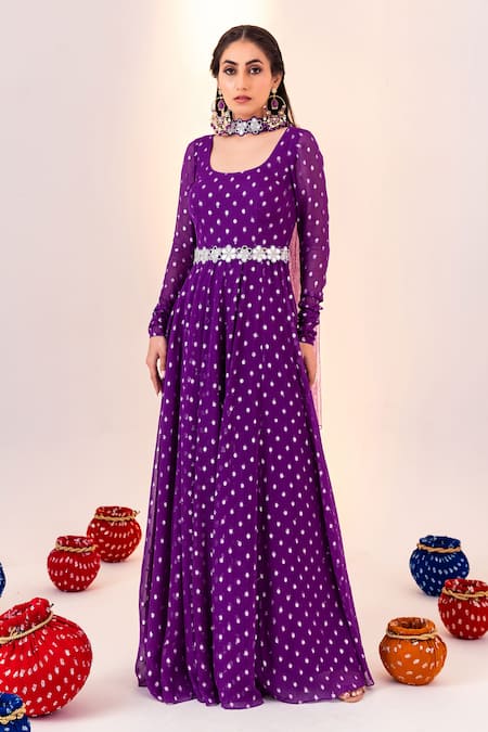 Silky Bindra Purple Georgette Woven Geometric Round Neck Pattern Anarkali With Dupatta
