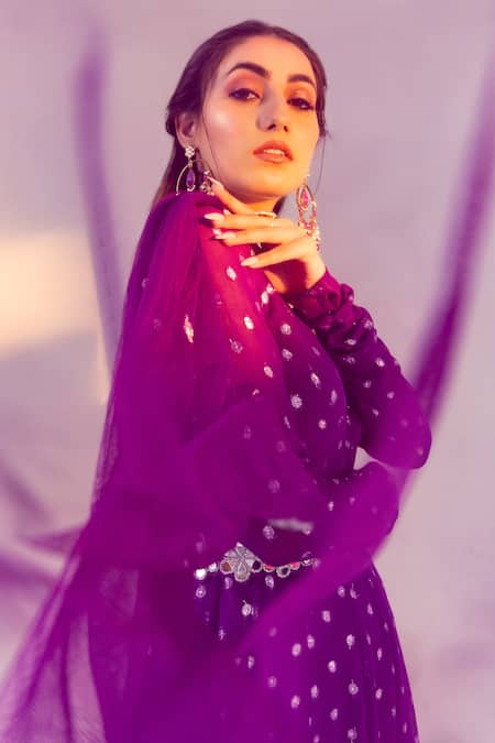 Buy_Silky Bindra_Purple Georgette, Net, Satin Mirrors Geometric Pattern Anarkali With Dupatta _Online_at_Aza_Fashions