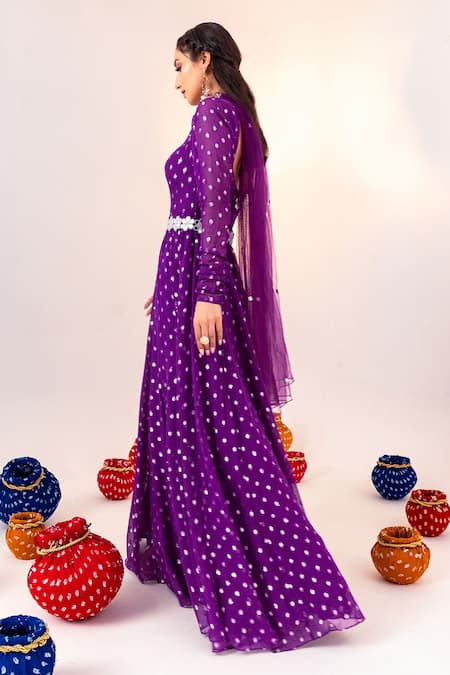 Shop_Silky Bindra_Purple Georgette, Net, Satin Mirrors Geometric Pattern Anarkali With Dupatta _Online_at_Aza_Fashions