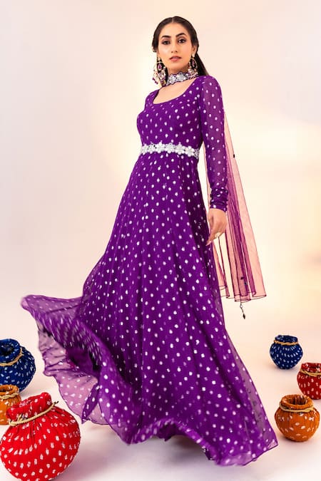 Silky Bindra_Purple Georgette, Net, Satin Mirrors Geometric Pattern Anarkali With Dupatta _at_Aza_Fashions