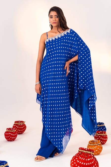 Silky Bindra Blue Georgette Woven Polka Dot Asymmetric Tunic And Straight Pant Set