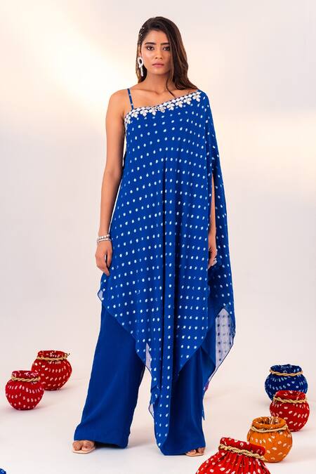Shop Silky Bindra Blue Georgette, Silk Mirrors Polka Dot Woven Tunic And Straight Pant Set Online at Aza Fashions Shop_Silky Bindra_Blue Georgette, Silk Mirrors Polka Dot Woven Tunic And Straight Pant Set _Online_at_Aza_Fashions