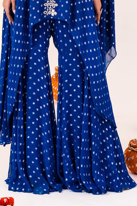 Buy_Silky Bindra_Blue Georgette, Satin, Silk Embroidery, Printed Jacket Kaftan And Gharara Set 