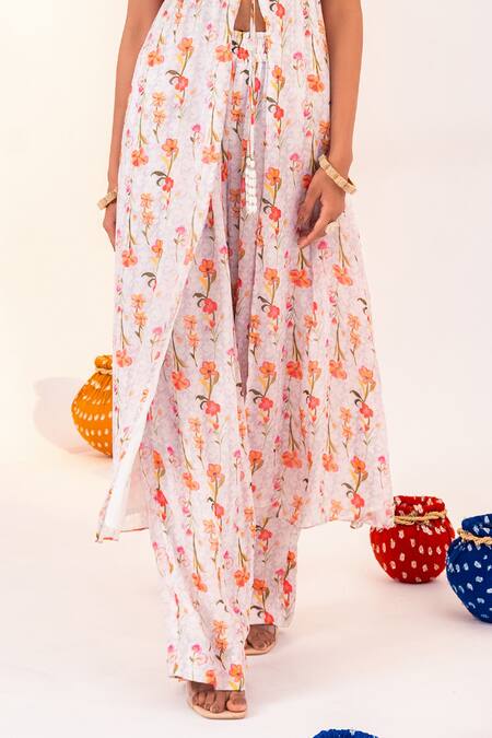 Silky Bindra_White Georgette Crystals V-neck Floral Print Tunic And Straight Pant Set _at_Aza_Fashions