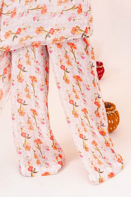 Silky Bindra_White Georgette, Silk, Satin Crystals Botanical Print Tunic And Straight Pant Set _at_Aza_Fashions