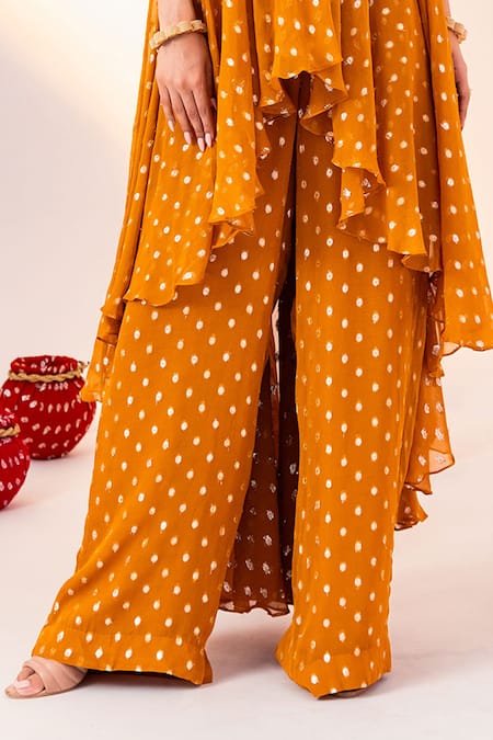Silky Bindra_Yellow Georgette, Silk Organza, Satin Geometric Pattern High-low Tunic With Pant _at_Aza_Fashions