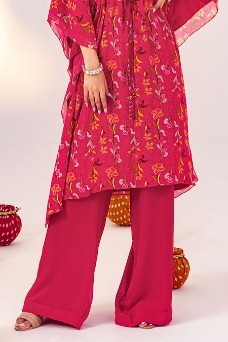 Silky Bindra Pink Georgette Crystals V-neck Floral Print Kaftan With Pant at Aza Fashions Silky Bindra_Pink Georgette Crystals V-neck Floral Print Kaftan With Pant _at_Aza_Fashions