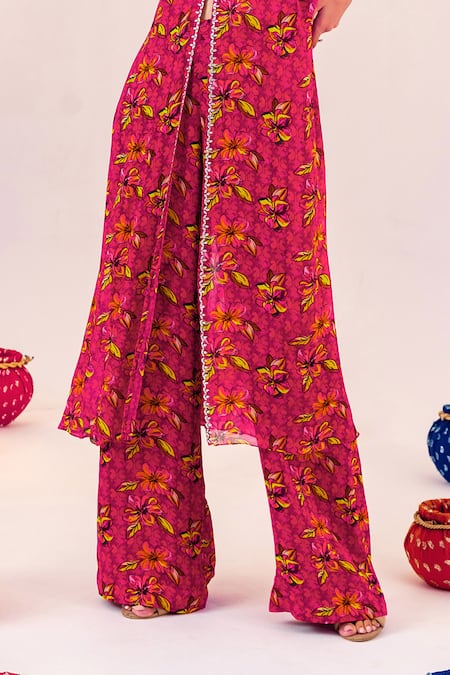 Silky Bindra Purple Georgette, Satin Crystals Halter Neck Floral Print Tunic With Pant at Aza Fashions Silky Bindra_Purple Georgette, Satin Crystals Halter Neck Floral Print Tunic With Pant _at_Aza_Fashions