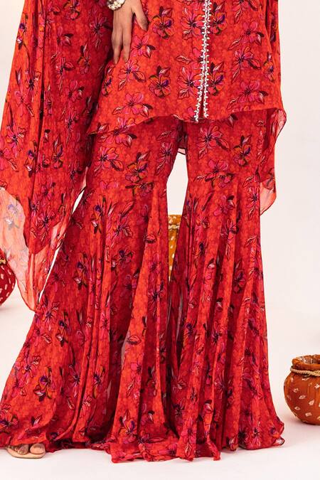 Silky Bindra Orange Georgette, Satin Embroidery, Floral Print Jacket Kaftan And Gharara Set at Aza Fashions Silky Bindra_Orange Georgette, Satin Embroidery, Floral Print Jacket Kaftan And Gharara Set _at_Aza_Fashions