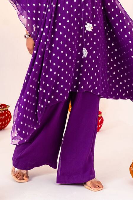 Buy_Silky Bindra_Purple Georgette, Satin Tassels V-neck Geometric Pattern Kaftan With Pant 