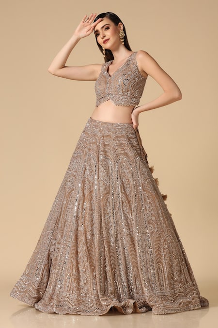 Buy_Two Sisters By Gyans_Gold Net Embroidery, Mirrors Embellished Lehenga Set _Online_at_Aza_Fashions