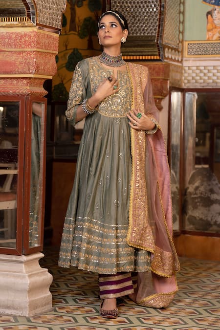 Shop Gulabo Jaipur Grey Chanderi Sequins, Embroidery, Gota Patti Round Neck Nahal Anarkali Set at Aza Fashions Shop_Gulabo Jaipur_Grey Chanderi Sequins, Embroidery, Gota Patti Round Neck Nahal Anarkali Set _at_Aza_Fashions