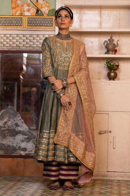 Gulabo Jaipur Grey Chanderi Sequins, Embroidery, Gota Patti Round Neck Nahal Anarkali Set Online at Aza Fashions Gulabo Jaipur_Grey Chanderi Sequins, Embroidery, Gota Patti Round Neck Nahal Anarkali Set _Online_at_Aza_Fashions