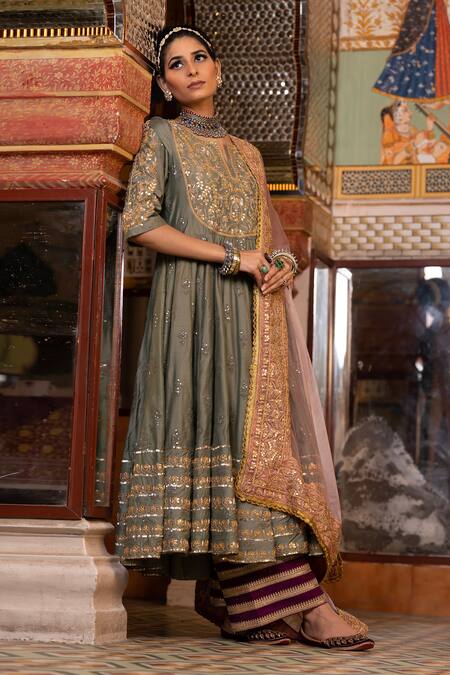 Buy Gulabo Jaipur Grey Chanderi Sequins, Embroidery, Gota Patti Round Neck Nahal Anarkali Set Online at Aza Fashions Buy_Gulabo Jaipur_Grey Chanderi Sequins, Embroidery, Gota Patti Round Neck Nahal Anarkali Set _Online_at_Aza_Fashions