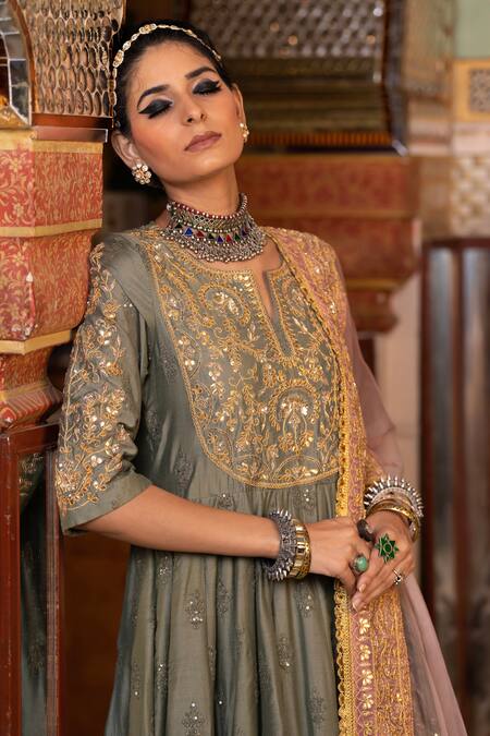 Shop Gulabo Jaipur Grey Chanderi Sequins, Embroidery, Gota Patti Round Neck Nahal Anarkali Set Online at Aza Fashions Shop_Gulabo Jaipur_Grey Chanderi Sequins, Embroidery, Gota Patti Round Neck Nahal Anarkali Set _Online_at_Aza_Fashions