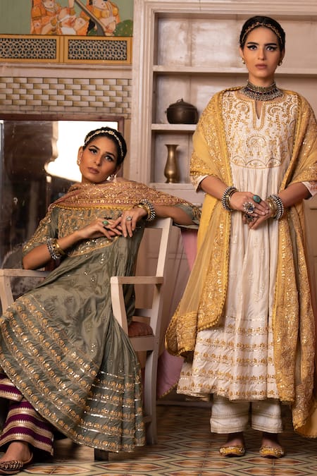 Gulabo Jaipur Grey Chanderi Sequins, Embroidery, Gota Patti Round Neck Nahal Anarkali Set at Aza Fashions Gulabo Jaipur_Grey Chanderi Sequins, Embroidery, Gota Patti Round Neck Nahal Anarkali Set _at_Aza_Fashions