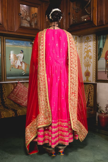 Shop Gulabo Jaipur Pink Chanderi Embroidery Round Neck Nahal Anarkali Set at Aza Fashions Shop_Gulabo Jaipur_Pink Chanderi Embroidery Round Neck Nahal Anarkali Set _at_Aza_Fashions