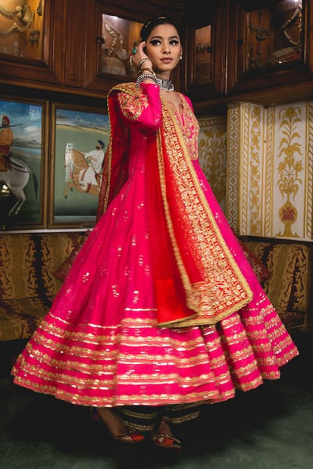 Gulabo Jaipur Pink Chanderi Embroidery Round Neck Nahal Anarkali Set Online at Aza Fashions Gulabo Jaipur_Pink Chanderi Embroidery Round Neck Nahal Anarkali Set _Online_at_Aza_Fashions