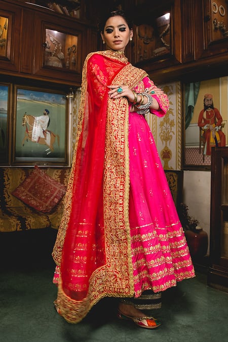 Shop Gulabo Jaipur Pink Chanderi Embroidery Round Neck Nahal Anarkali Set Online at Aza Fashions Shop_Gulabo Jaipur_Pink Chanderi Embroidery Round Neck Nahal Anarkali Set _Online_at_Aza_Fashions