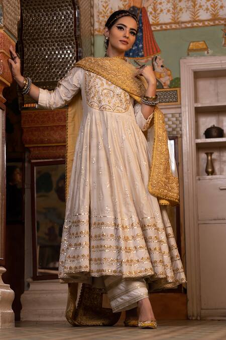 Gulabo Jaipur White Chanderi Sequins, Zari, Embroidery Round Neck Nahal Anarkali Set Online at Aza Fashions Gulabo Jaipur_White Chanderi Sequins, Zari, Embroidery Round Neck Nahal Anarkali Set _Online_at_Aza_Fashions