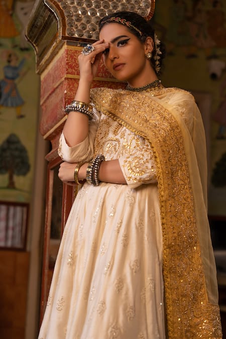 Buy Gulabo Jaipur White Chanderi Sequins, Zari, Embroidery Round Neck Nahal Anarkali Set Online at Aza Fashions Buy_Gulabo Jaipur_White Chanderi Sequins, Zari, Embroidery Round Neck Nahal Anarkali Set _Online_at_Aza_Fashions