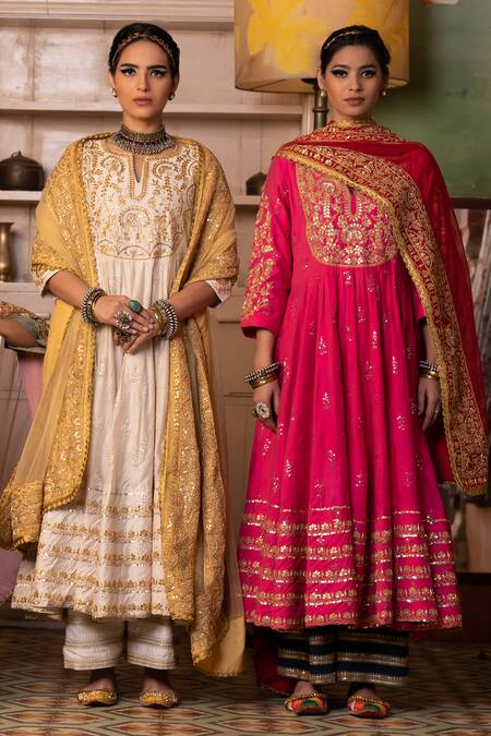 Gulabo Jaipur White Chanderi Sequins, Zari, Embroidery Round Neck Nahal Anarkali Set at Aza Fashions Gulabo Jaipur_White Chanderi Sequins, Zari, Embroidery Round Neck Nahal Anarkali Set _at_Aza_Fashions