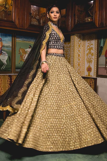 Shop_Gulabo Jaipur_Black Cotton Embroidery, Sequins, Zari V-neck Parveen Printed And Lehenga Set _Online_at_Aza_Fashions