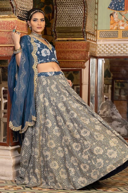Buy_Gulabo Jaipur_Blue Cotton Embroidery, Sequins, Zari Parveen Botanical Print And Lehenga Set _Online_at_Aza_Fashions