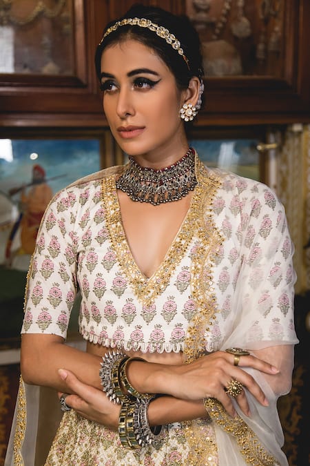 Shop_Gulabo Jaipur_White Cotton Sequins, Zari, Embroidery Parveen Floral Print And Lehenga Set _Online_at_Aza_Fashions