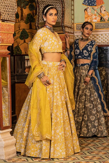 Buy Mustard Yellow Printed Silk Blend Embroidered Lehenga Set- Set