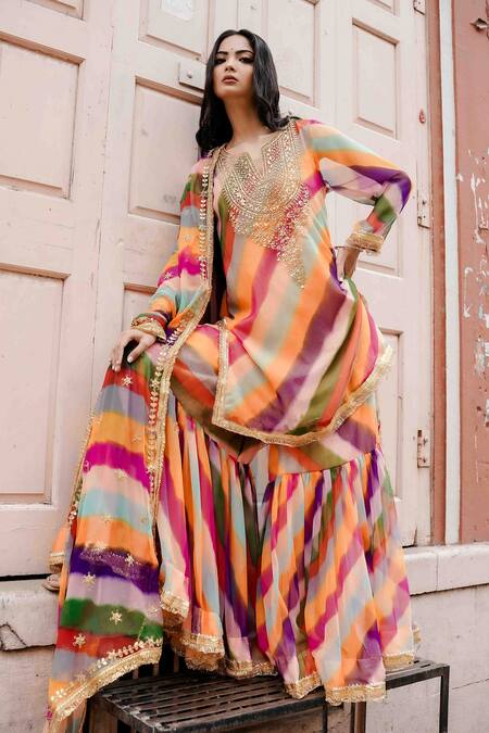 Gulabo Jaipur_Peach Chiffon Beads, Zari, Gota Patti Qala Leheriya Pattern Kurta Sharara Set _Online_at_Aza_Fashions