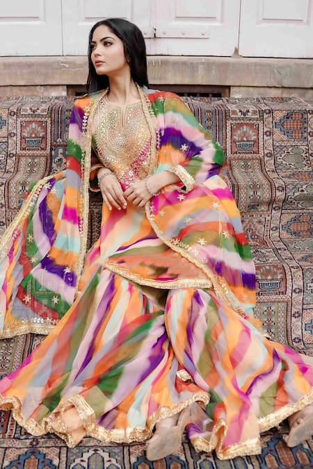 Buy_Gulabo Jaipur_Peach Chiffon Beads, Zari, Gota Patti Qala Leheriya Pattern Kurta Sharara Set _Online_at_Aza_Fashions