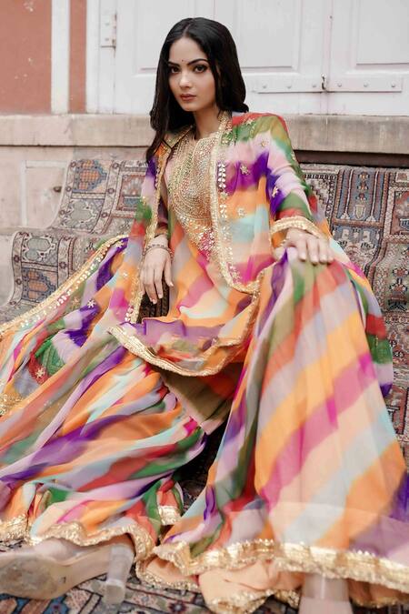 Gulabo Jaipur_Peach Chiffon Beads, Zari, Gota Patti Qala Leheriya Pattern Kurta Sharara Set _at_Aza_Fashions