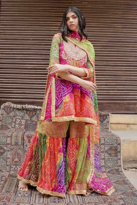 Gulabo Jaipur Pink Chiffon Beads, Zari, Gota Patti Qala Bandhani Pattern Kurta Sharara Set Online at Aza Fashions Gulabo Jaipur_Pink Chiffon Beads, Zari, Gota Patti Qala Bandhani Pattern Kurta Sharara Set _Online_at_Aza_Fashions