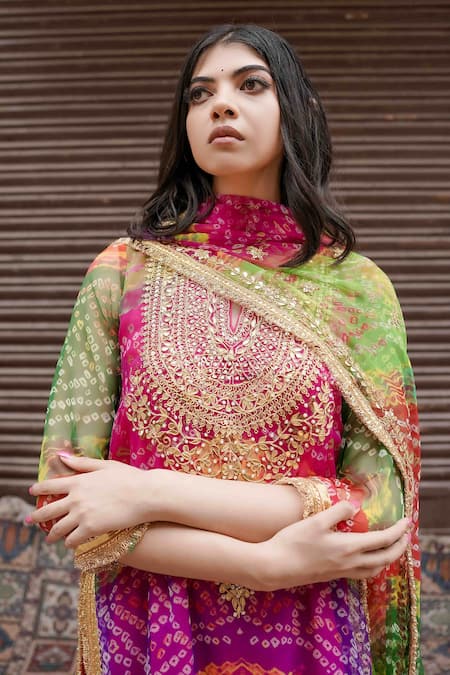 Buy Gulabo Jaipur Pink Chiffon Beads, Zari, Gota Patti Qala Bandhani Pattern Kurta Sharara Set Online at Aza Fashions Buy_Gulabo Jaipur_Pink Chiffon Beads, Zari, Gota Patti Qala Bandhani Pattern Kurta Sharara Set _Online_at_Aza_Fashions