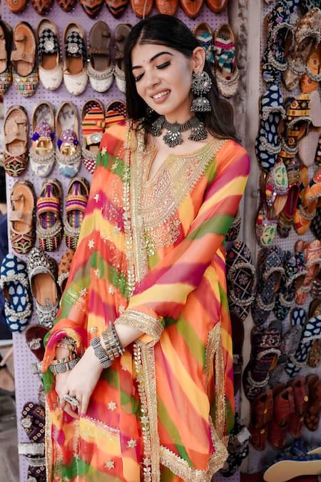 Gulabo Jaipur_Yellow Chiffon Beads, Zari, Gota Patti Qala Stripe Pattern Kurta Sharara Set _Online_at_Aza_Fashions