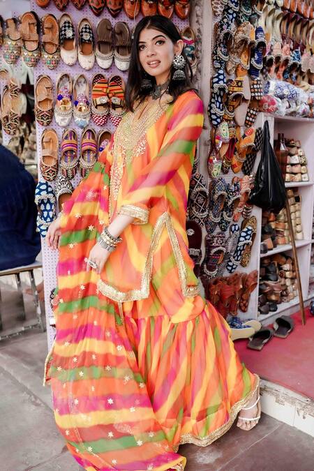 Buy_Gulabo Jaipur_Yellow Chiffon Beads, Zari, Gota Patti Qala Stripe Pattern Kurta Sharara Set _Online_at_Aza_Fashions