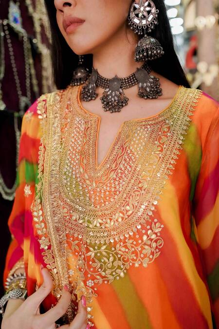 Gulabo Jaipur_Yellow Chiffon Beads, Zari, Gota Patti Qala Stripe Pattern Kurta Sharara Set _at_Aza_Fashions