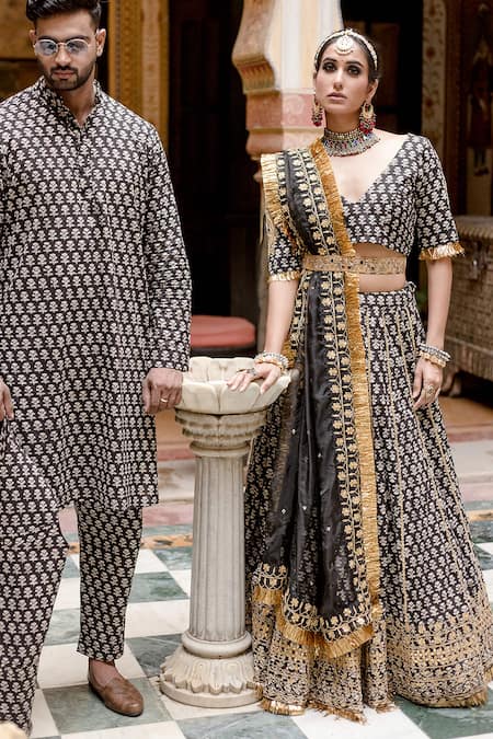 Gulabo Jaipur_Black Cotton Gota Patti, Beads, Shehzadi Mughal Floral Block Print Lehenga Set _Online_at_Aza_Fashions