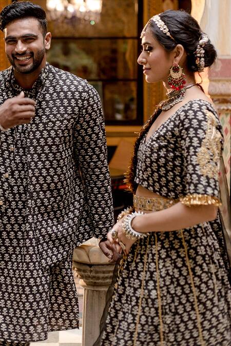 Buy_Gulabo Jaipur_Black Cotton Gota Patti, Beads, Shehzadi Mughal Floral Block Print Lehenga Set _Online_at_Aza_Fashions