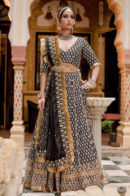 Shop_Gulabo Jaipur_Black Cotton Gota Patti, Beads, Shehzadi Mughal Floral Block Print Lehenga Set _Online_at_Aza_Fashions