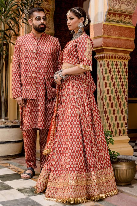 Gulabo Jaipur_Red Cotton Gota Patti, Beads, Zari, Shehzadi Floral Block Print Lehenga Set _Online_at_Aza_Fashions