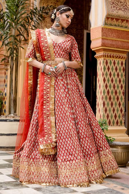 Buy_Gulabo Jaipur_Red Cotton Gota Patti, Beads, Zari, Shehzadi Floral Block Print Lehenga Set _Online_at_Aza_Fashions