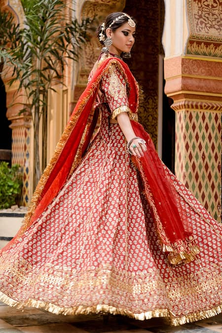 Gulabo Jaipur_Red Cotton Gota Patti, Beads, Zari, Shehzadi Floral Block Print Lehenga Set _at_Aza_Fashions