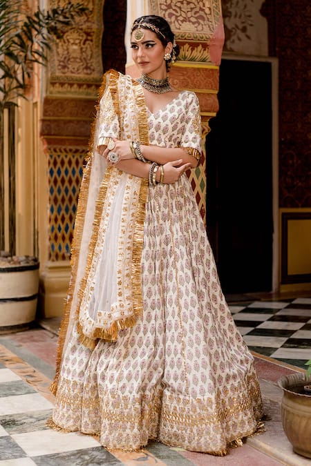 Gulabo Jaipur_White Cotton Beads, Zari, Fringe, Gota Shehzadi Mughal Block Print Lehenga Set _Online_at_Aza_Fashions
