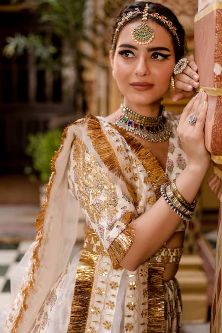 Shop_Gulabo Jaipur_White Cotton Beads, Zari, Fringe, Gota Shehzadi Mughal Block Print Lehenga Set _Online_at_Aza_Fashions