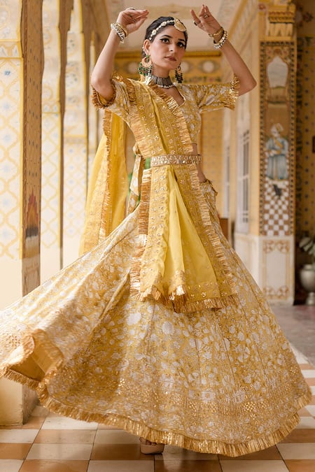 Buy_Gulabo Jaipur_Yellow Cotton Beads, Zari, Gota Patti, Shehzadi Mughal Botanic Print Lehenga Set _Online_at_Aza_Fashions