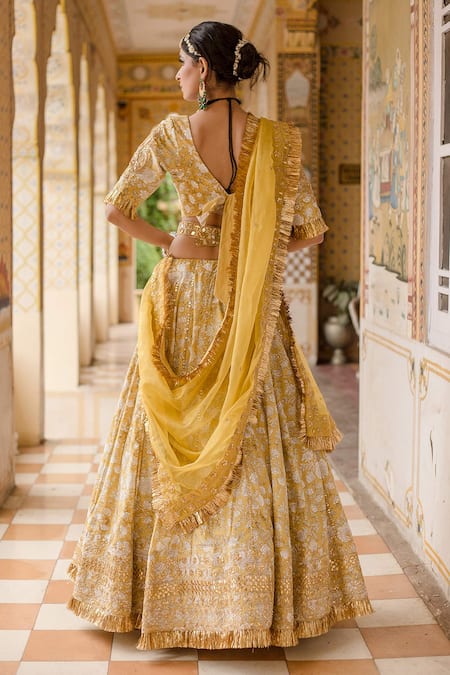 Shop_Gulabo Jaipur_Yellow Cotton Beads, Zari, Gota Patti, Shehzadi Mughal Botanic Print Lehenga Set _Online_at_Aza_Fashions
