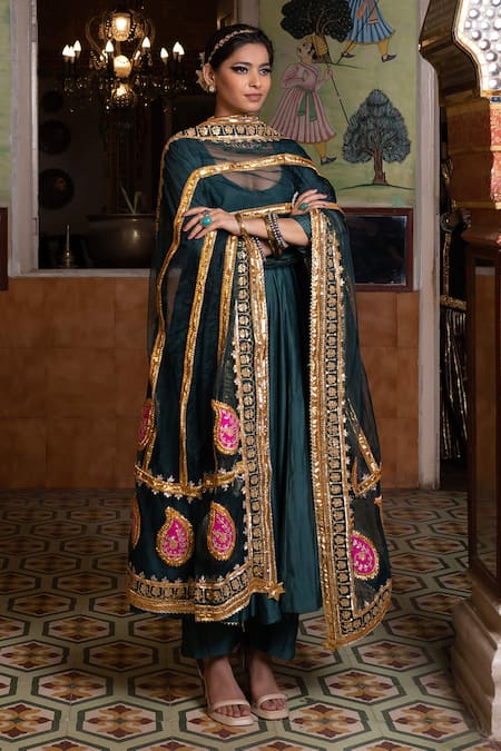 Gulabo Jaipur_Emerald Green Chanderi Gota Patti, Shri Anarkali Set With Embroidered Dupatta _Online_at_Aza_Fashions